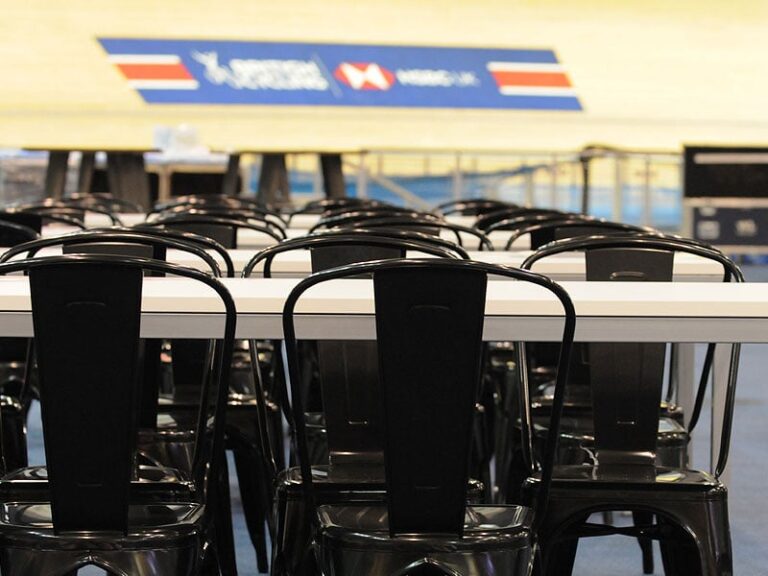 rio dining tables and tolix chairs at manchester velodrome for the 6 day event