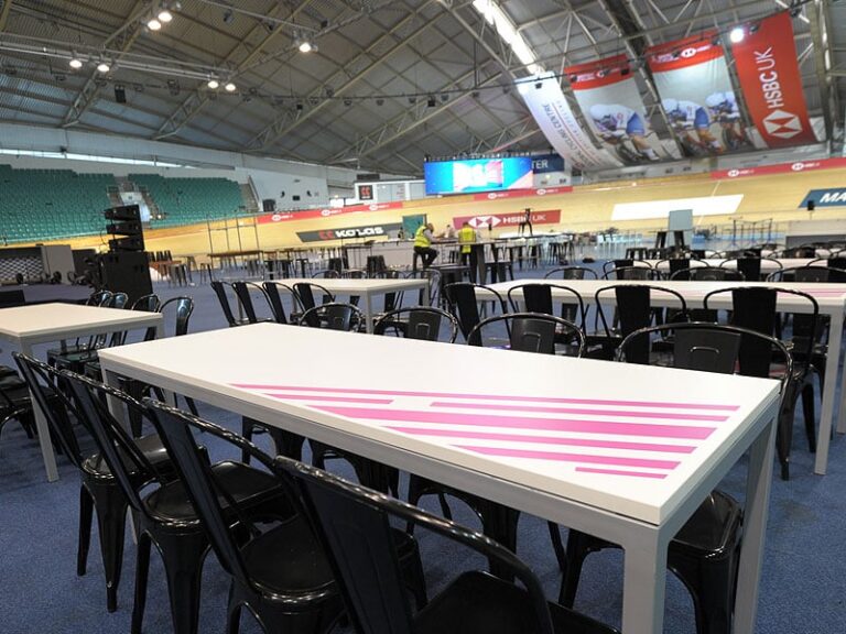 rio dining tables and tolix chairs at manchester velodrome